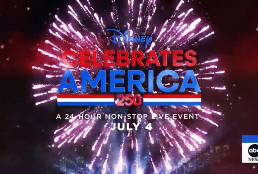 Firework with text reading "Disney Celebrates America 250, a 24-hour non-stop live event, July 4."