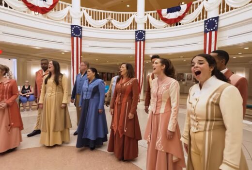 A group of singers dressed in colonial era clothing.