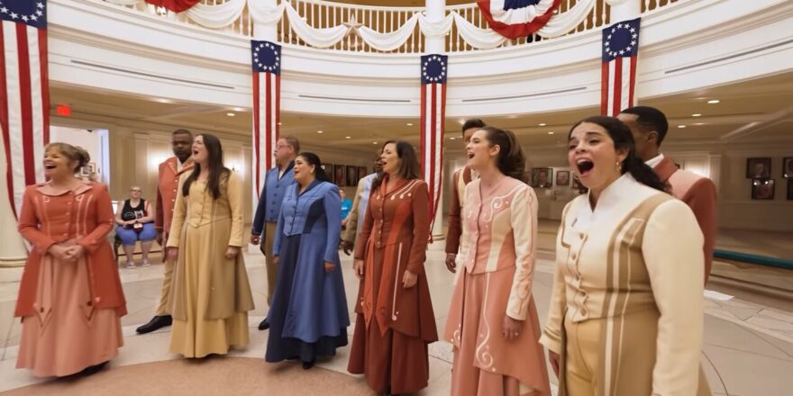 A group of singers dressed in colonial era clothing.