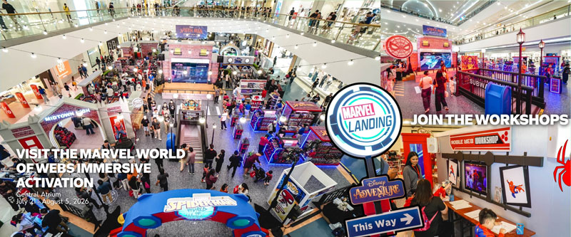 Panoramic photo of a mall experience, in bright red and blue. Close up scenes to the side.
