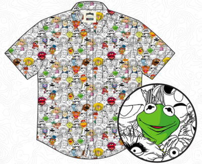 A collared shirt with cartoon faces as a pattern. Muppet characters appear. In a circle, Kermit the Frog is enlarged.